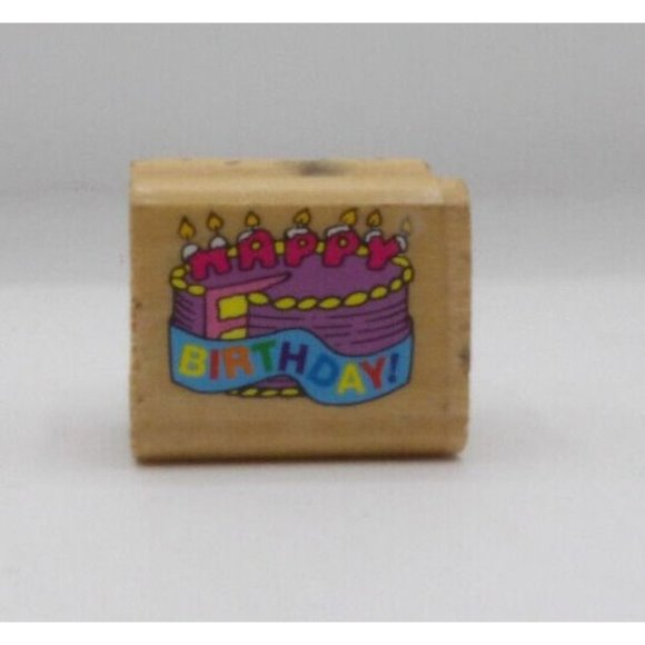 Stamp Wooden Happy Birthday w Cake Mfr Noteworthy ©1994 1 1/4" x 1" Made in USA - Picture 1 of 4